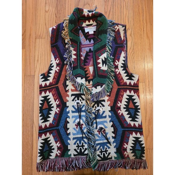 Every Stitch Counts Texas Southwest Style Tapestry Vest With Fringe - Picture 4 of 7